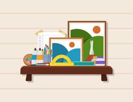 Creative Wall Shelf with Painting Tools and Canvas Illustration with Flat design Style vector