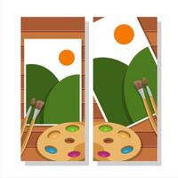 Set Vertical Banner of Nature Landscape Painting with Palette and Brushes Illustration with Flat style design vector