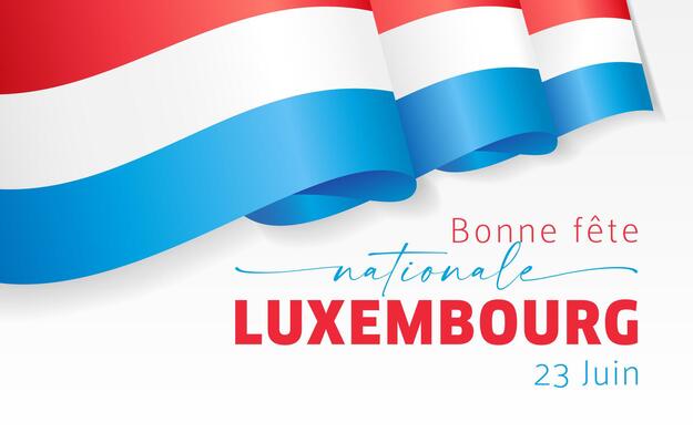 Happy Luxembourg National Day French congrats. Celebrating banner with 3D wavy flag frame, isolated clipping mask and white backdrop. Postcard design. Media poster. Advertising billboard concept.