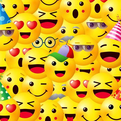 Modern yellow backdrop with network faces. Square banner with copy space. Internet poster template, blank background. Set of chat icons, 3D symbols. Greeting card concept. Web story graphic design.