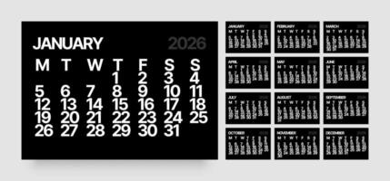Monthly calendar layout for 2026 year. Minimalistic Diary for 2026 year in dark color. Week Starts on Monday. vector