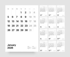 Monthly calendar layout for 2026 year. Vertical diary planner for 2026 year. Week Starts on Monday. vector