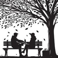 Silhouette of Couple Sitting on a Bench Under a Tree with Falling Leaves Romantic Scene new 2025 trendy unique vector