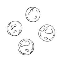A set of four round bubbles or pearls. Black and white illustration in linear style. The simple, clean lines and organic shapes. Hand drawn by black ink. Sketch isolated on white. For clipart vector