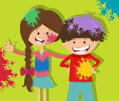 happy cartoon girl and boy having fun on party with color powders vector