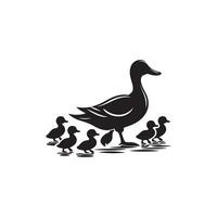 A black and white silhouette of a duck and her babies vector