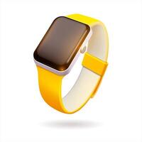 A sleek smart watch featuring a vibrant yellow band against a white background in the style of 3D realism, cartoon design, 3D plastic with glossy highlights vector