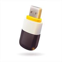 A black, white, and yellow USB flash drive on white in the style of 3D realism, cartoon design, 3D plastic with glossy highlights vector
