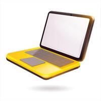 A yellow laptop with a white screen on a white background in the style of 3D realism, cartoon design, 3D plastic with glossy highlights vector