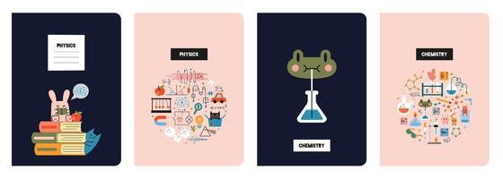 Trendy notebook covers set, illustration. Studying science at school, physics and chemistry. Education concept. Design with cute characters and equipment for classes vector