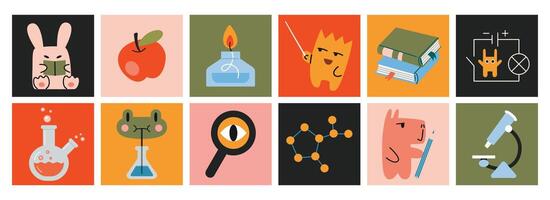Studying science at school, physics and chemistry. Education concept. Set of colorful square stickers with cute characters and equipment for classes. Trendy illustration, hand drawn, flat vector