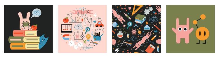 Education and study concept set with cute characters and seamless pattern. Physics lesson at school. Formulas, drawings, and equipment for classes. Trendy modern illustration, hand drawn, flat vector