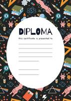 School diploma certificate for students with scientific pattern. Background with Education concept and place for text. Trendy modern illustration, hand drawn, flat vector