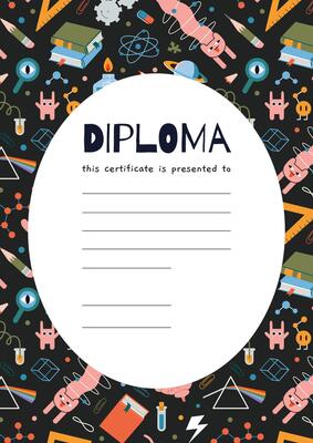 School diploma certificate for students with scientific pattern. Background with Education concept and place for text. Trendy modern illustration, hand drawn, flat