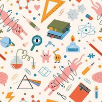 Seamless pattern on theme of physics and chemistry with cute characters. Science research, Education and study concepts. Trendy modern illustration on light background, hand drawn, flat vector