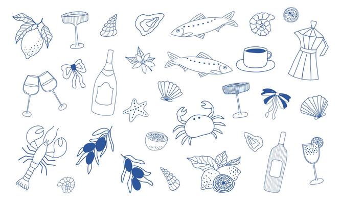 Minimalist line art. Hand drawn summer illustration set. Italian dolce vita. Vine, lemon, cocktails, sardines, seashells in doodle sketch style. Drawing ink. Concept vacation ocean and travel.