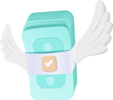 A blue dollar bill with wings and a check mark png