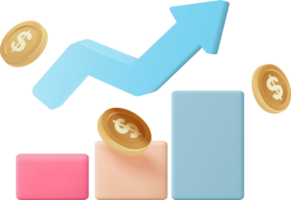 A bar chart with coins and an arrow going up png