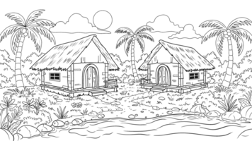 Line art illustration of tropical huts with thatched roofs, surrounded by palm trees, plants, and a river, featuring a serene sunset sky, ideal for coloring or design projects. png