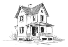Hand-drawn sketch of a two-story house with a porch, featuring a pitched roof, chimney, and windows, perfect for architectural or home design projects. png