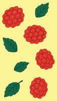 Flat illustration of ripe red raspberries and green leaves on a yellow background - sweet and juicy fruit in a simple cartoon style vector
