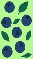Flat illustration of fresh blueberries with green leaves on a light green background - minimal and cute cartoon fruit design vector
