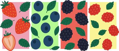 Hand drawn illustration collection of strawberries, blueberries, blackberries, and raspberries - vibrant fruit poster design vector