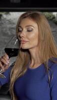 Charming woman enjoying a glass of wine at a trendy bar video