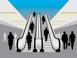 silhouette of people walking on the escalator, silhouette of people using escalators vector