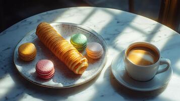 35mm environmental still life coffee service canels and macarons warm bistro lighting creating pools of light on marble table photo