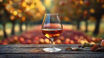 A glass of wine sitting on a table in an orchard photo