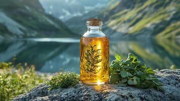 A bottle of oil with herbs sitting on a rock photo