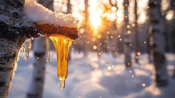 Ice hanging from a tree in the snow photo