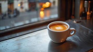 A cup of coffee sits on a table in front of a window photo