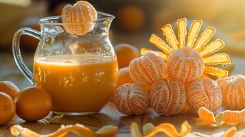 35mm golden hour shot of fresh juice warm backlight illuminating citrus pulp glass pitcher clementine peels arranged in sunburst pattern photo