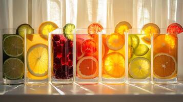 A row of glasses with different colored drinks photo