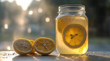 A jar of lemonade with slices of lemon photo