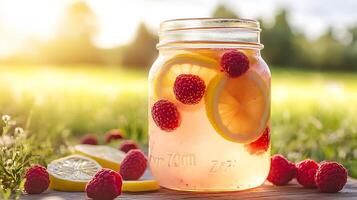 Raspberry lemonade in a mason jar photo