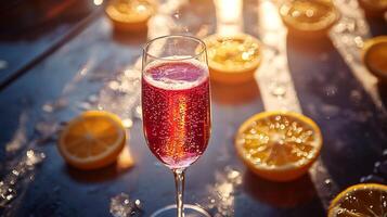 A glass of red wine with oranges in the background photo