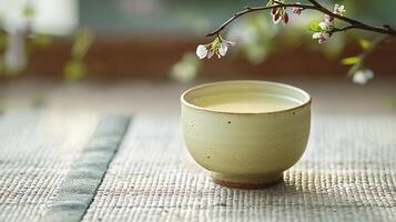 A cup of tea on a table with a flowering branch photo