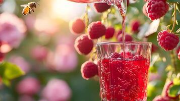 Raspberry juice being poured into a glass photo