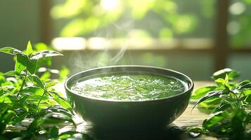 Green tea with steam on a wooden table photo