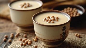 Two cups of soy milk with beans on the table photo