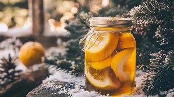 A jar of lemonade with slices of lemons on a table photo
