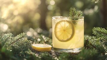 A lemonade with pine needles and a lemon slice photo