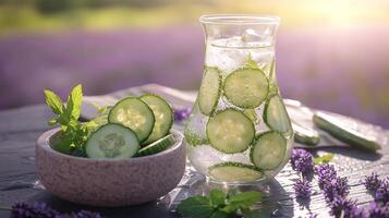 A pitcher of water with cucumber slices and lavender flowers photo