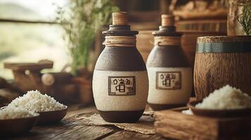 Two bottles of rice sit on a table next to bowls of rice photo