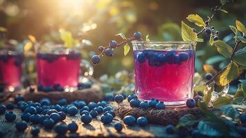 Blueberry juice in a glass with berries on a wooden table photo