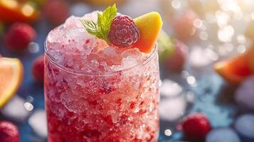 A glass of raspberry and orange juice with a mint leaf photo