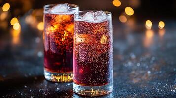 Two glasses of red liquid with ice on a table photo